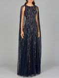 Elegant Beaded Dress with Long Cape