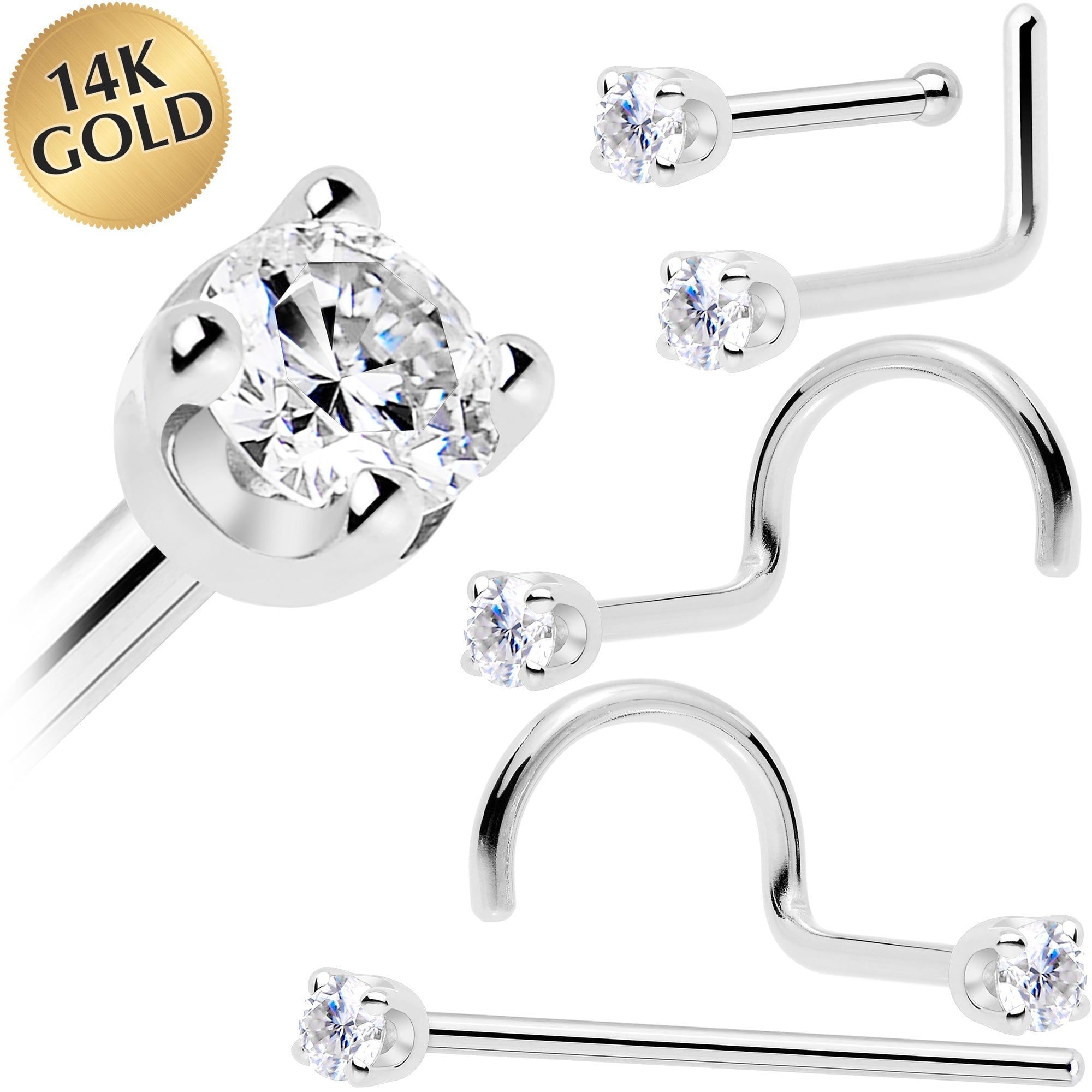 Solid 14K White Gold 2mm Genuine Diamond Nose Ring