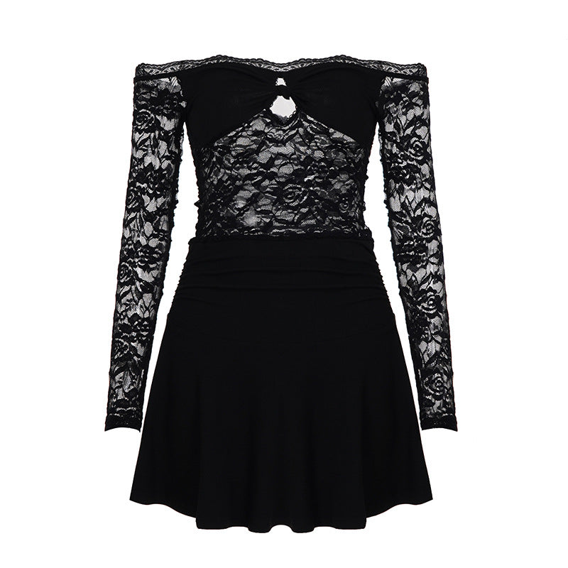 Lace Hollow Out Cutout Sexy off Shoulder Dress Women Adult Lady like Woman Slim Fitting Patchwork Tiered Dress