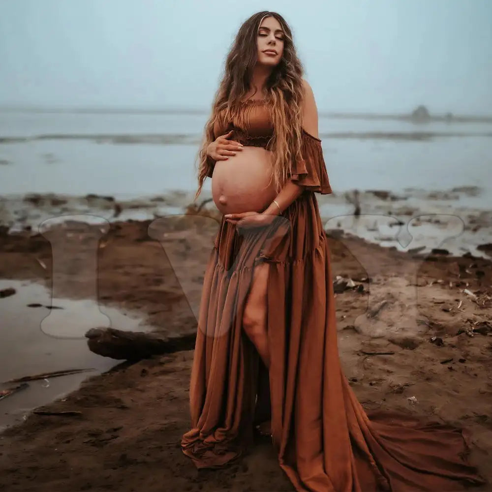 Maternity Dress For Photoshoot Pregnancy Off Shoulder Ruffled Semi Transparent Chiffon Long Dress Photography Dress For Women