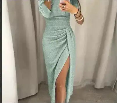 Slit Slash-neck Dress Women Sparkling Slim Long Dress Summer Korean Fashion Dinner Dress Bodycon Solid  Women Dresses Vestidos