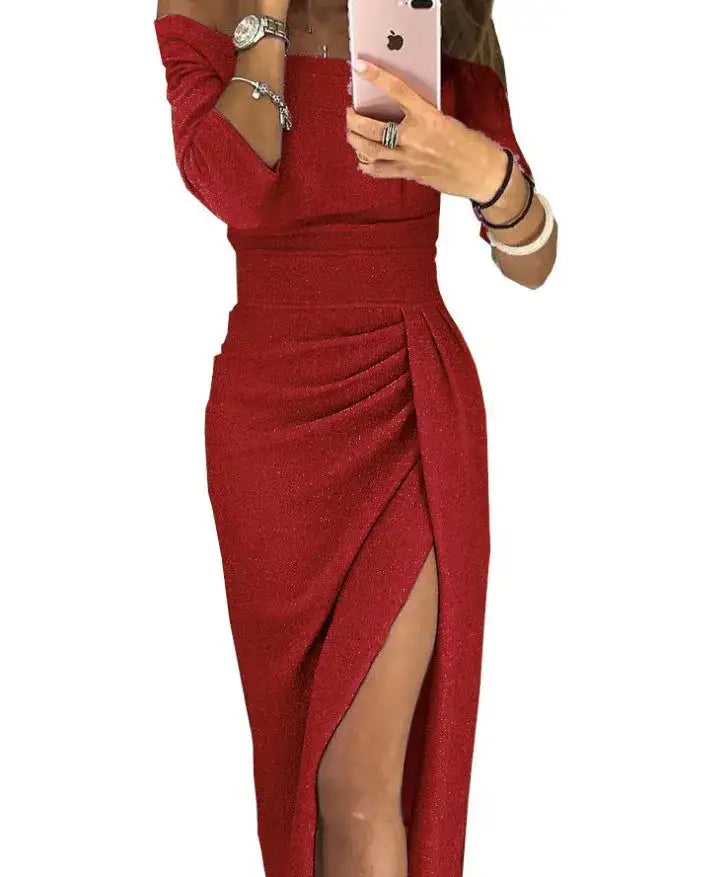 Slit Slash-neck Dress Women Sparkling Slim Long Dress Summer Korean Fashion Dinner Dress Bodycon Solid  Women Dresses Vestidos