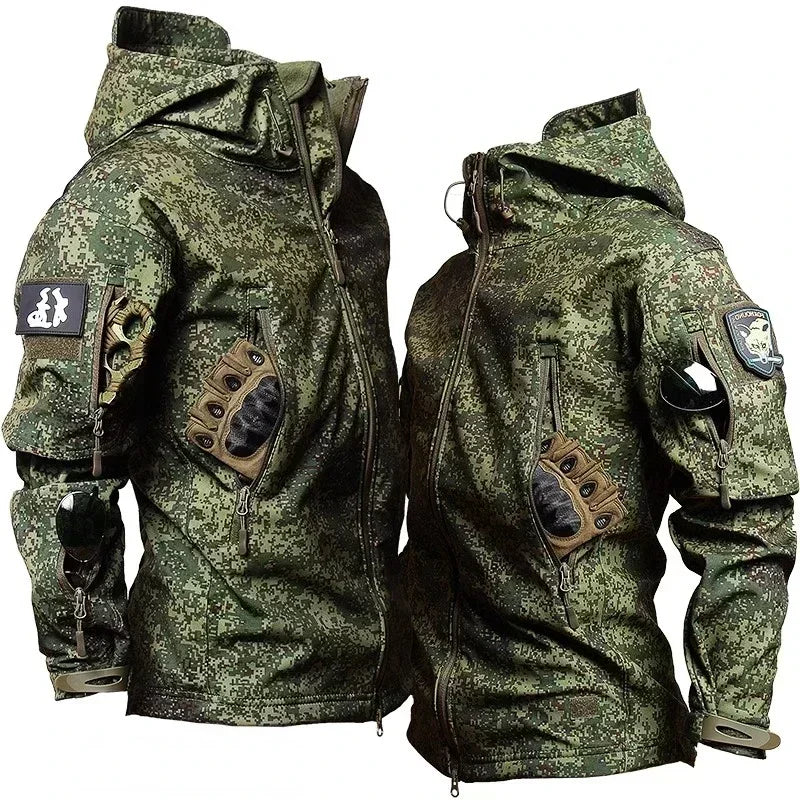 Camo Winter Tactical Sets Men Shark Skin Soft Shell Hooded Jacket+Multi-pocket Straight Cargo Pant 2Pcs Suits Waterproof Set
