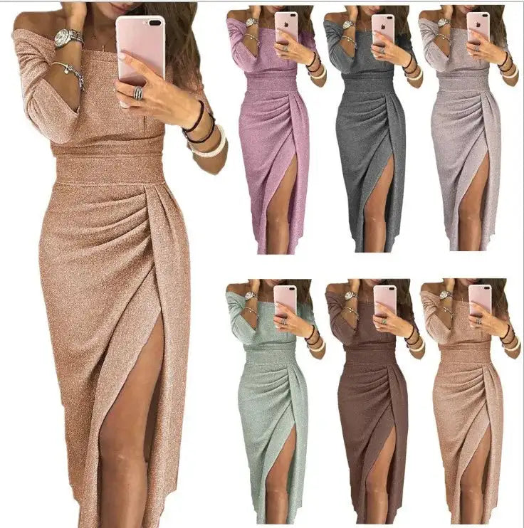 Slit Slash-neck Dress Women Sparkling Slim Long Dress Summer Korean Fashion Dinner Dress Bodycon Solid  Women Dresses Vestidos