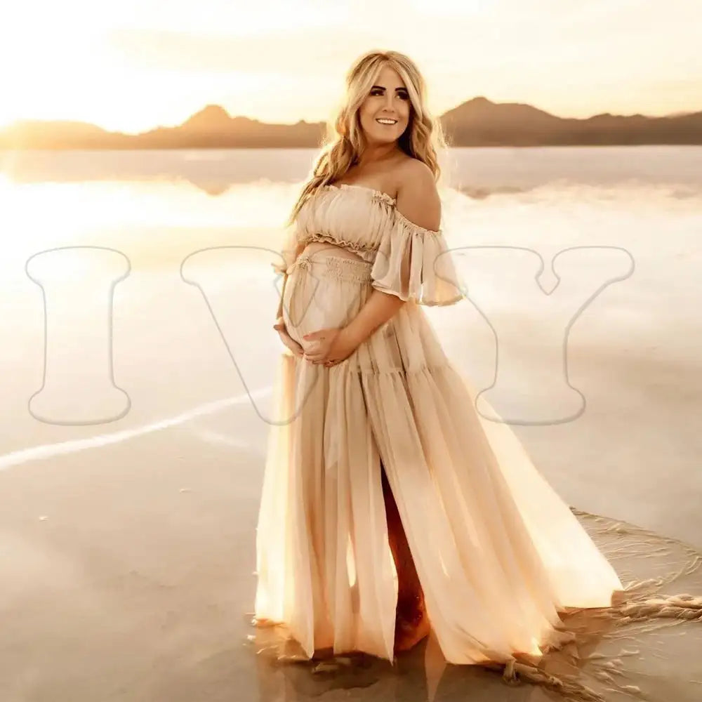 Maternity Dress For Photoshoot Pregnancy Off Shoulder Ruffled Semi Transparent Chiffon Long Dress Photography Dress For Women
