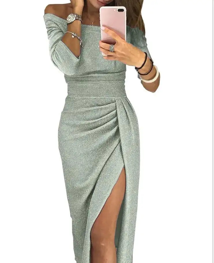 Slit Slash-neck Dress Women Sparkling Slim Long Dress Summer Korean Fashion Dinner Dress Bodycon Solid  Women Dresses Vestidos