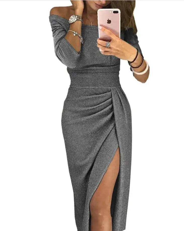 Slit Slash-neck Dress Women Sparkling Slim Long Dress Summer Korean Fashion Dinner Dress Bodycon Solid  Women Dresses Vestidos