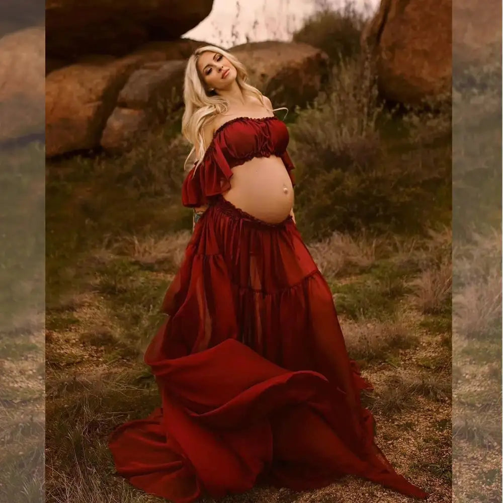 Maternity Dress For Photoshoot Pregnancy Off Shoulder Ruffled Semi Transparent Chiffon Long Dress Photography Dress For Women