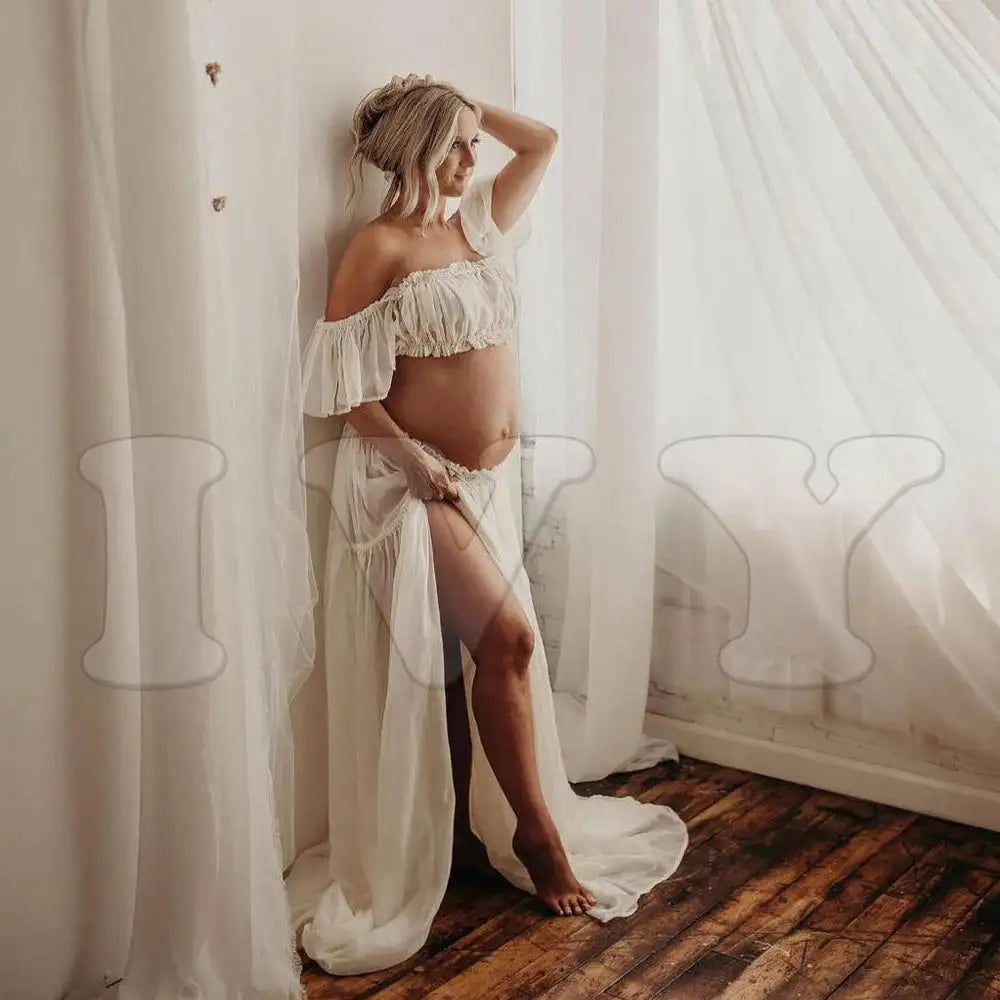 Maternity Dress For Photoshoot Pregnancy Off Shoulder Ruffled Semi Transparent Chiffon Long Dress Photography Dress For Women