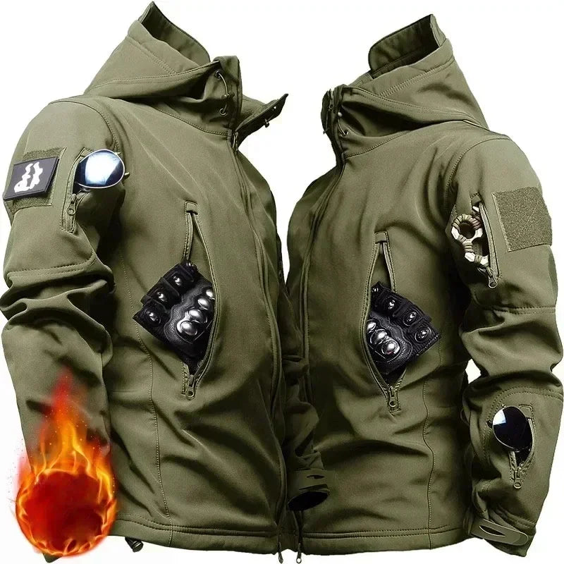 Camo Winter Tactical Sets Men Shark Skin Soft Shell Hooded Jacket+Multi-pocket Straight Cargo Pant 2Pcs Suits Waterproof Set
