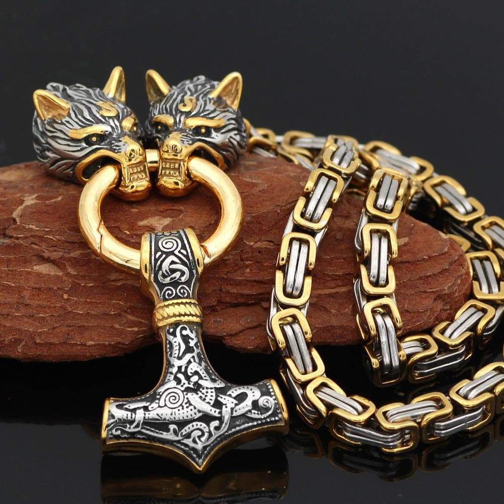 Vikings Wolf Mjolnir Stainless Steel King Chain Necklace
