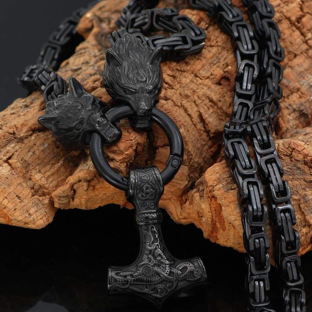 Vikings Wolf Head Mjolnir Stainless Steel Black Necklace